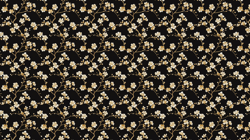 Papier peint floral noir Branches délicates de fleurs blanches et dorées sur fond noir