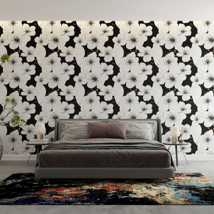 Une chambre moderne avec un papier peint floral noir et blanc aux motifs élégants, créant une atmosphère à la fois chic et apaisante.