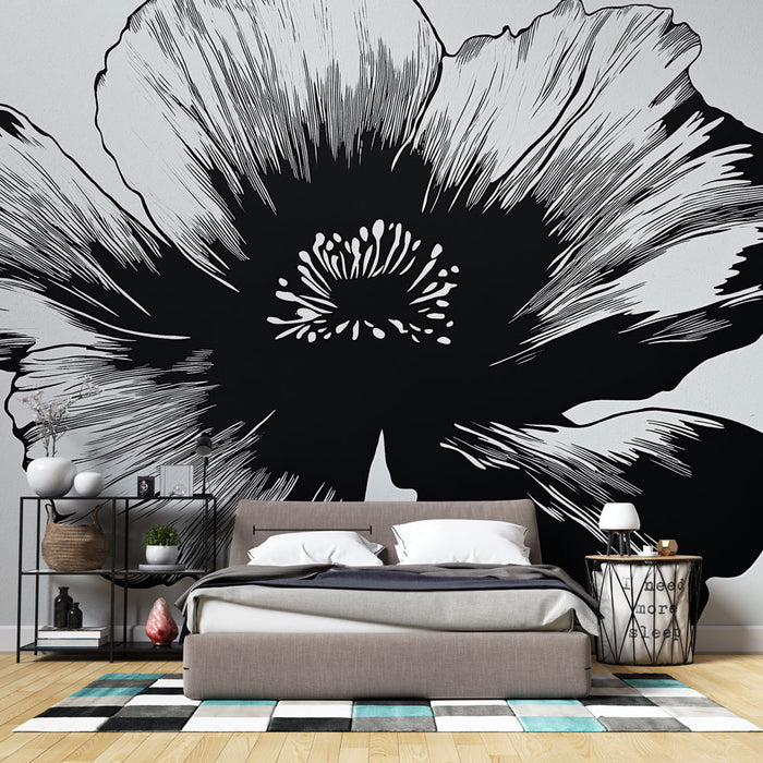 Papier peint floral noir et blanc | Fleur à grande échelle au style graphique