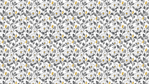 Papier peint floral noir et blanc Fleurs blanches et touches jaunes sur fond clair