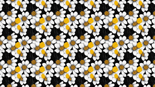 Papier peint floral noir et blanc Fleurs stylisées avec des accents jaunes sur fond noir