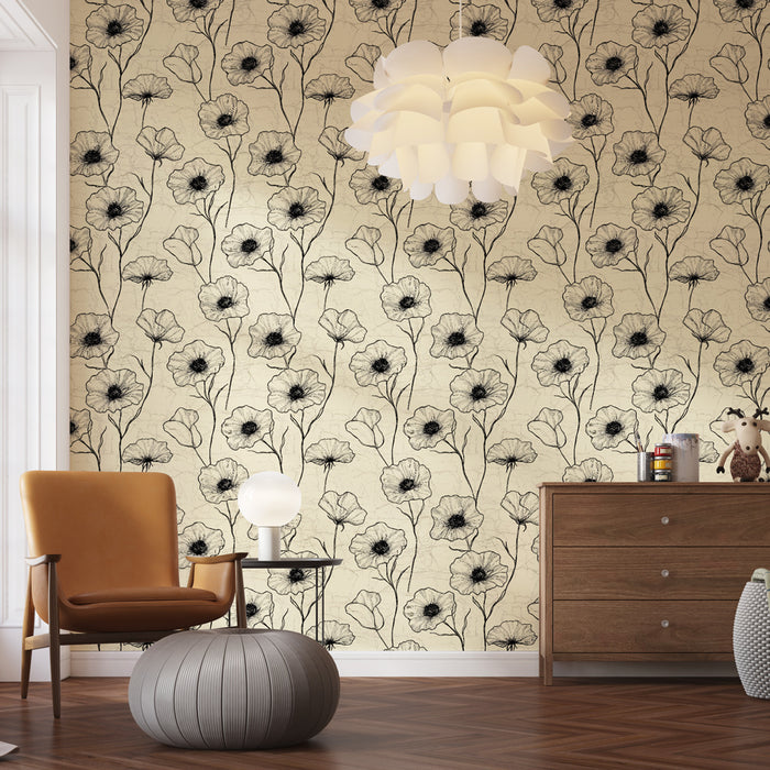 Une chambre moderne avec un papier peint floral beige et noir, présentant des fleurs délicates sur un fond texturé, créant une atmosphère élégante et apaisante.