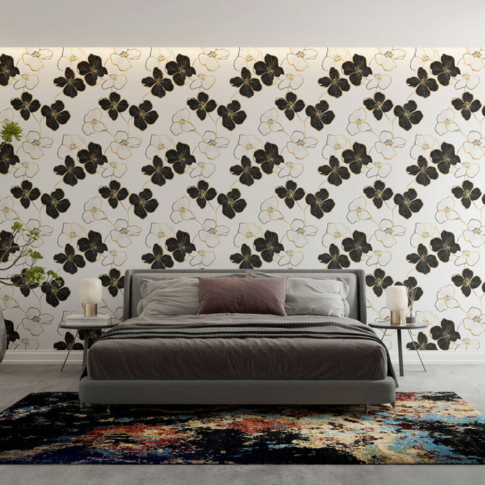Une chambre élégante avec un papier peint floral noir et blanc aux motifs raffinés, créant une atmosphère moderne et artistique.