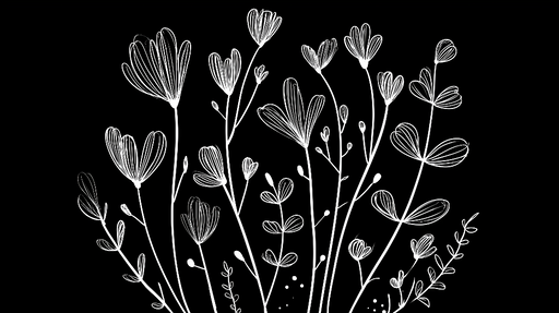 Papier peint floral noir et blanc Silhouettes délicates de fleurs sur fond noir