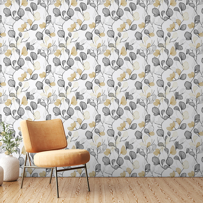 Une chambre moderne avec un papier peint floral noir, blanc et doré présentant des motifs de feuilles délicates, créant une ambiance chaleureuse et élégante.