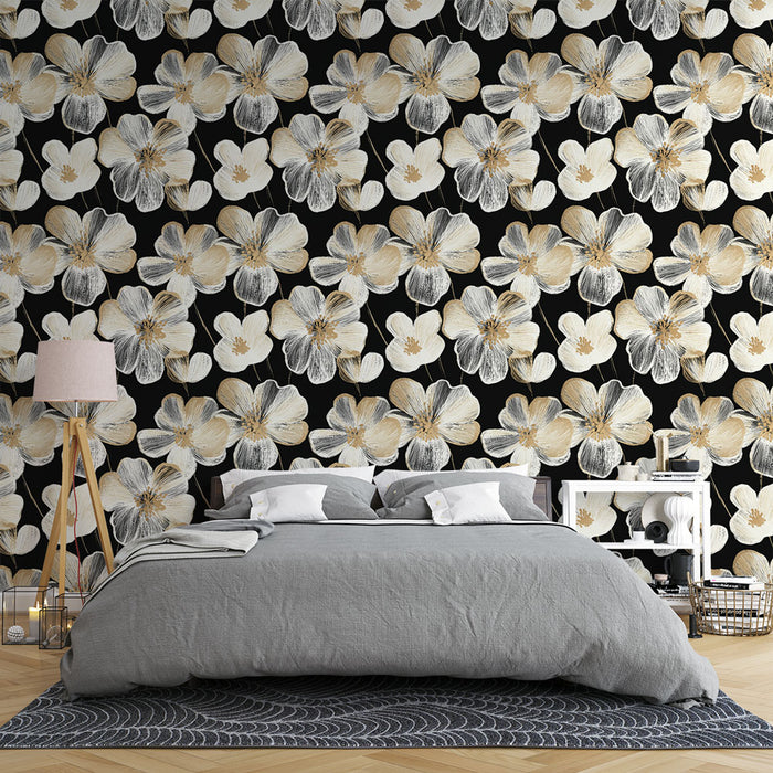 Une chambre moderne avec un papier peint floral noir et blanc orné de grandes fleurs dorées, créant une ambiance élégante et chaleureuse.