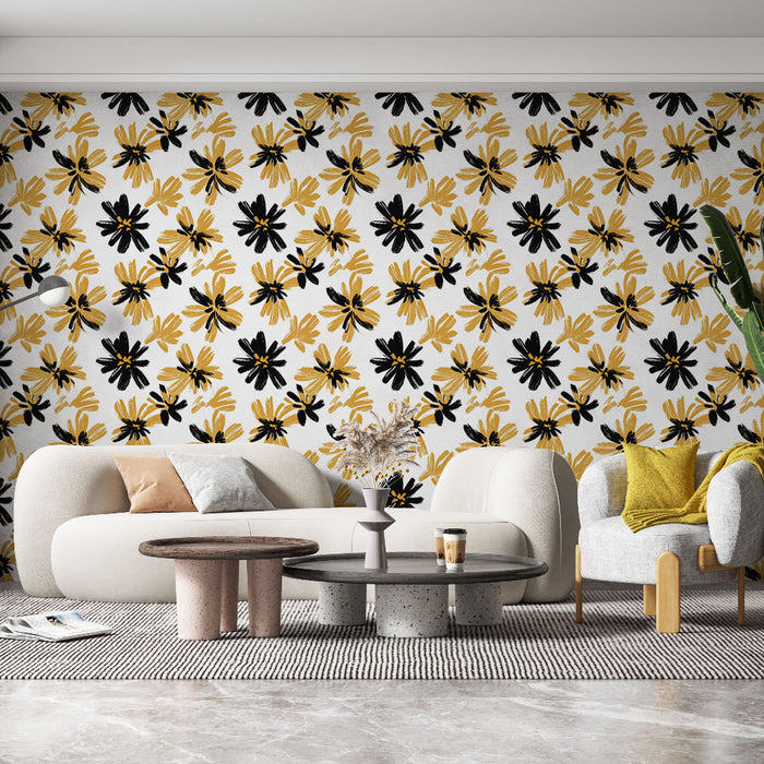 Un salon moderne avec un papier peint floral noir et jaune sur fond blanc, créant une ambiance joyeuse et dynamique.
