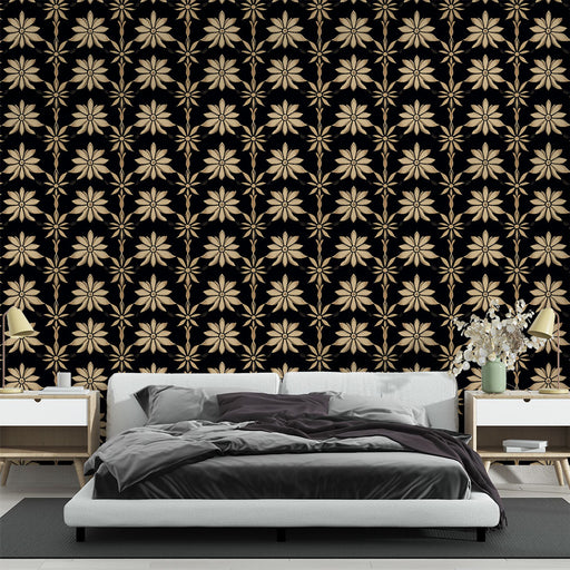 Une chambre moderne avec un papier peint floral noir et beige, aux motifs élégants, créant une ambiance chaleureuse et sophistiquée.