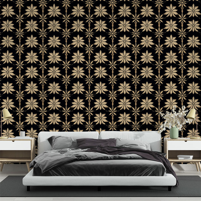 Une chambre moderne avec un papier peint floral noir et beige, aux motifs élégants, créant une ambiance chaleureuse et sophistiquée.