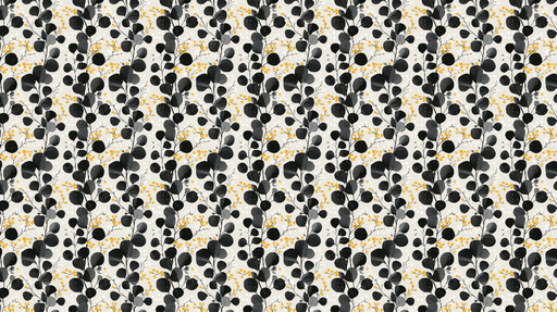 Papier peint floral noir et jaune Feuilles et baies sur fond clair