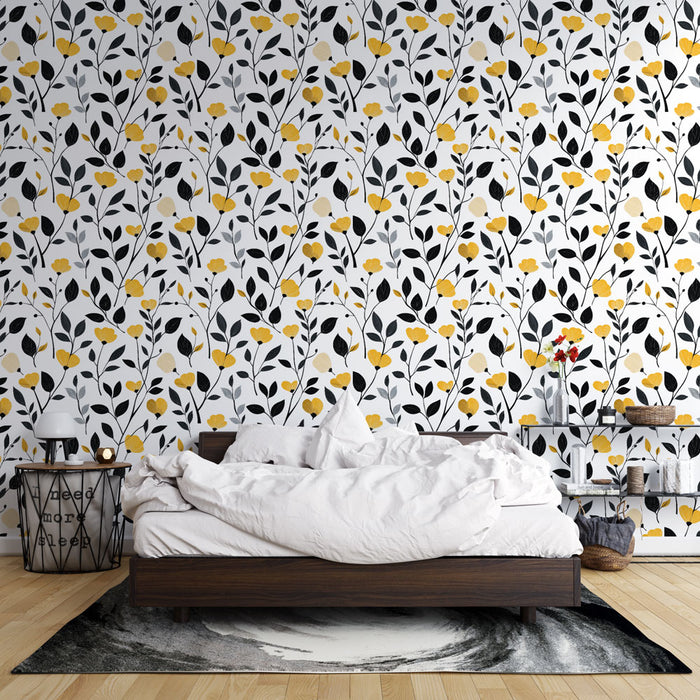 Une chambre moderne avec un papier peint floral noir, jaune et blanc, apportant une ambiance fraîche et dynamique à l'espace.