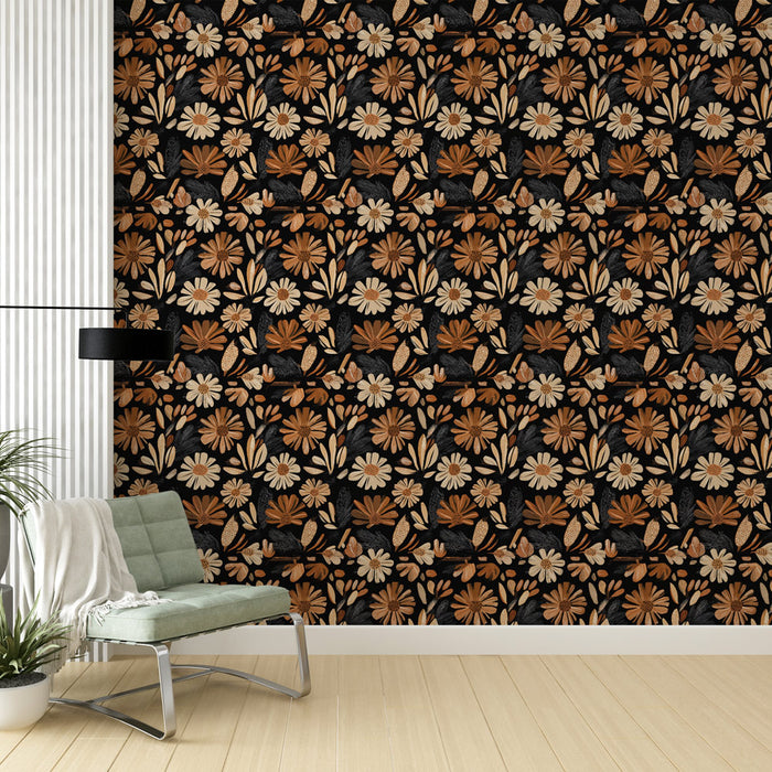 Un salon moderne avec un papier peint floral aux motifs colorés sur fond noir, dégageant une atmosphère chaleureuse et dynamique.
