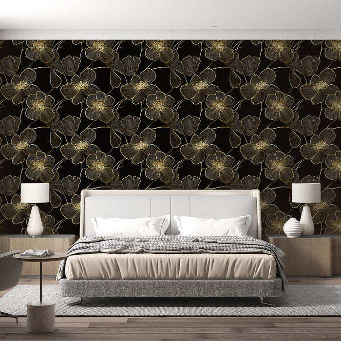 Une chambre moderne avec un papier peint floral noir et doré, présentant des motifs élégants de fleurs qui créent une atmosphère sophistiquée et chaleureuse.
