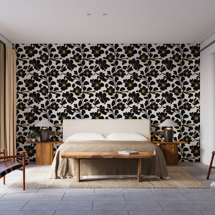 Une chambre moderne avec un papier peint floral noir et doré sur fond blanc, créant une ambiance élégante et chaleureuse.
