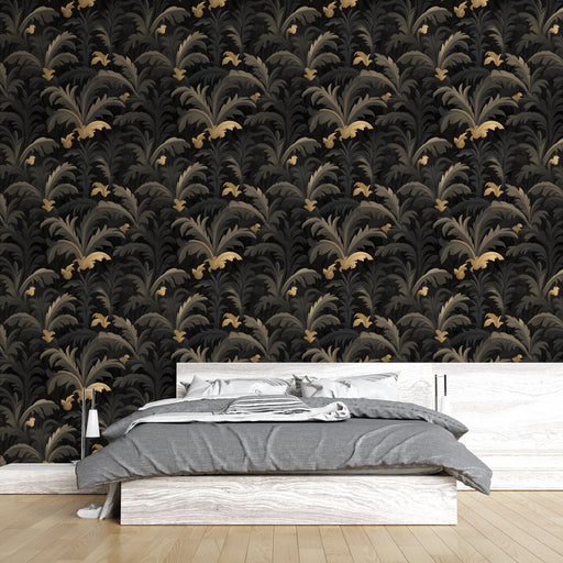 Une chambre moderne avec un papier peint aux motifs floraux stylisés en noir et or, créant une ambiance élégante et sophistiquée.