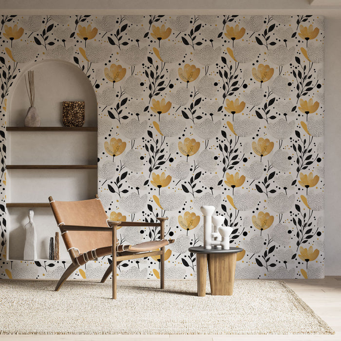 Une pièce lumineuse avec un papier peint floral aux motifs jaunes et noirs sur fond clair, dégageant une ambiance joyeuse et contemporaine.