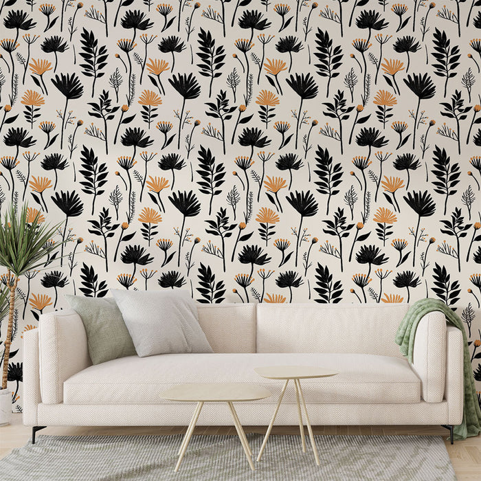 Un salon moderne avec un papier peint floral aux motifs noirs et orange sur fond clair, créant une ambiance chaleureuse et dynamique.