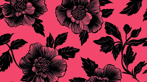 Papier peint floral noir et rose avec motif audacieux de fleurs noires sur fond rose vif pour décoration murale moderne.