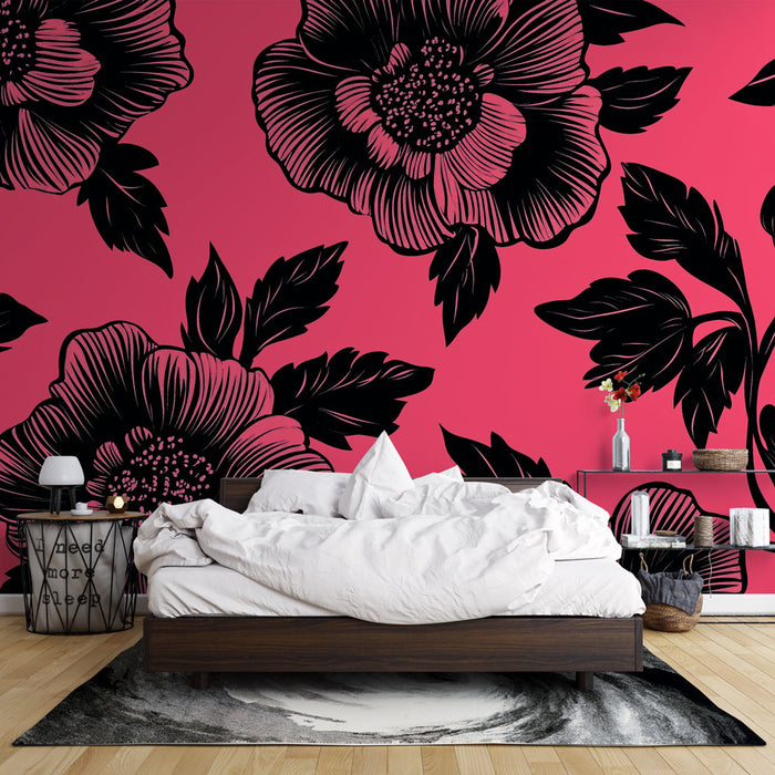 Papier peint floral noir et rose | Motif audacieux de fleurs noires sur fond rose vif