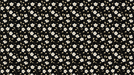 Papier peint floral noir Fleurs blanches sur fond noir avec détails dorés