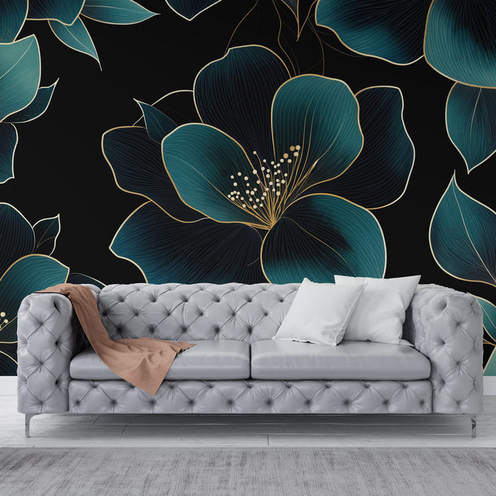 Papier peint floral noir | Fleurs turquoise avec accents dorés