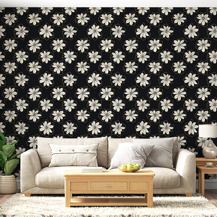 Un salon moderne avec un papier peint floral noir et blanc aux motifs de fleurs stylisées, créant une atmosphère élégante et dynamique.