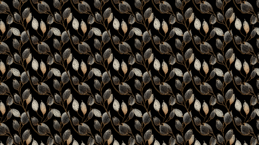 Papier peint floral noir Motif élégant de feuillage doré et argenté