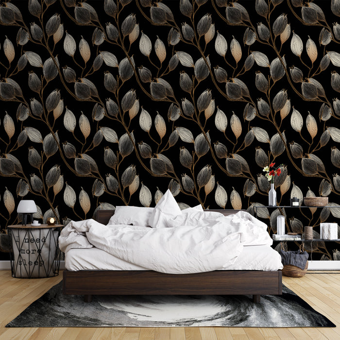 Une chambre moderne avec un papier peint floral noir et doré, où des feuilles délicates créent une ambiance élégante et chaleureuse.