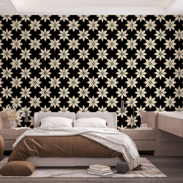 Une chambre élégante avec un papier peint floral noir et doré, présentant des motifs de fleurs stylisées qui apportent une atmosphère chic et chaleureuse.