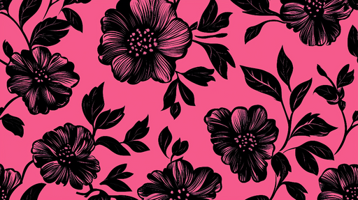 Papier peint floral noir avec motifs floraux audacieux sur fond rose vif pour décoration murale moderne.