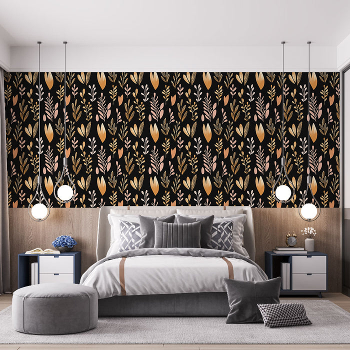 Une chambre moderne avec un papier peint floral noir aux motifs dorés, roses et blancs, créant une ambiance élégante et chaleureuse.