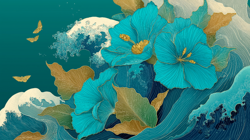 Papier peint floral océanique Grandes fleurs turquoise entourées de vagues stylisées