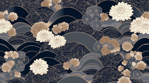 Papier peint floral ondulé Motifs de fleurs et vagues sur fond bleu nuit