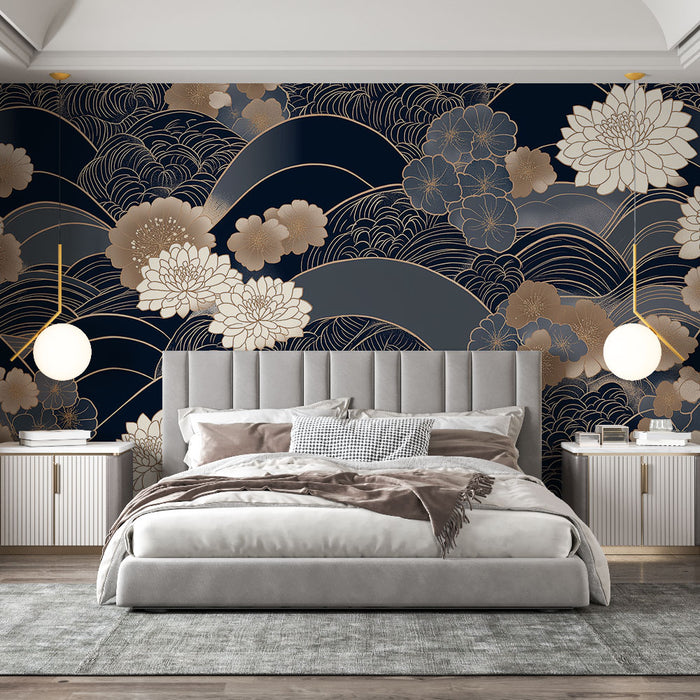 Papier peint floral ondulé avec motifs de fleurs et vagues sur fond bleu nuit pour chambre moderne
