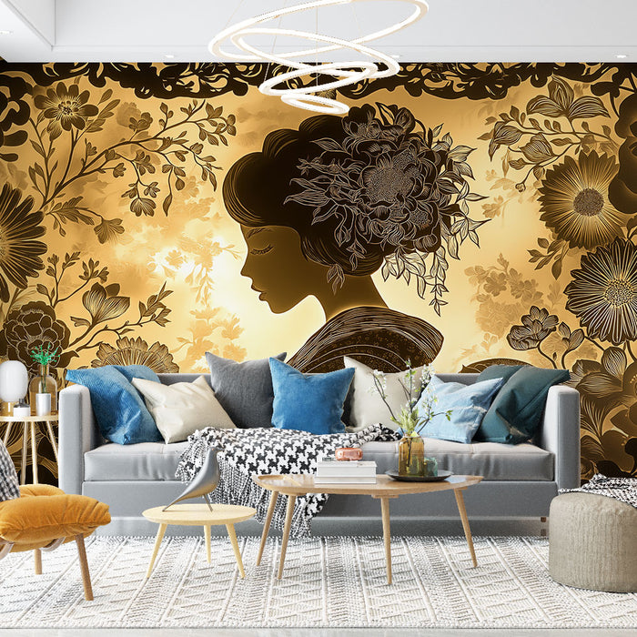 Papier peint floral or avec silhouette délicate entourée de fleurs éclatantes pour salon élégant