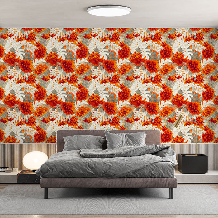 Une chambre moderne avec un papier peint floral aux motifs vibrants d'orange et de blanc, créant une atmosphère chaleureuse et accueillante.
