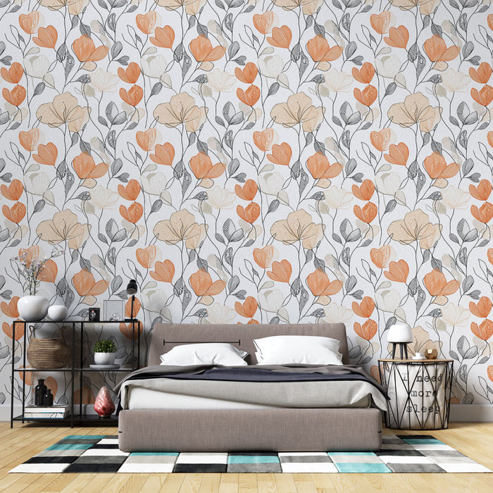 Une chambre moderne avec un papier peint floral aux teintes douces d'orange et de gris, créant une ambiance chaleureuse et accueillante.