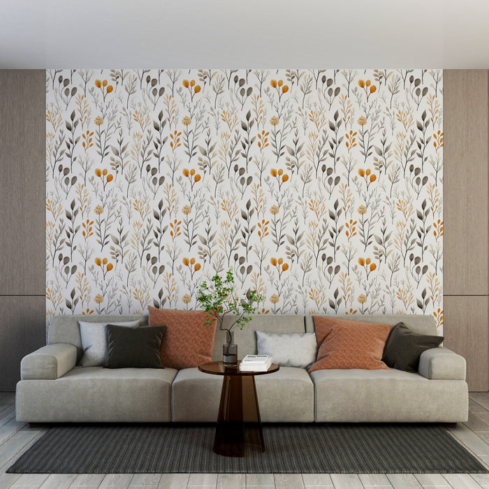 Un salon moderne avec un papier peint floral aux motifs délicats en jaune, gris et blanc, créant une atmosphère chaleureuse et accueillante.
