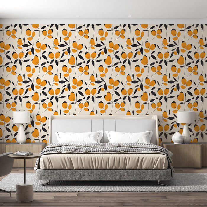 Une chambre moderne avec un papier peint floral aux motifs orange et noir sur fond crème, créant une atmosphère chaleureuse et accueillante.