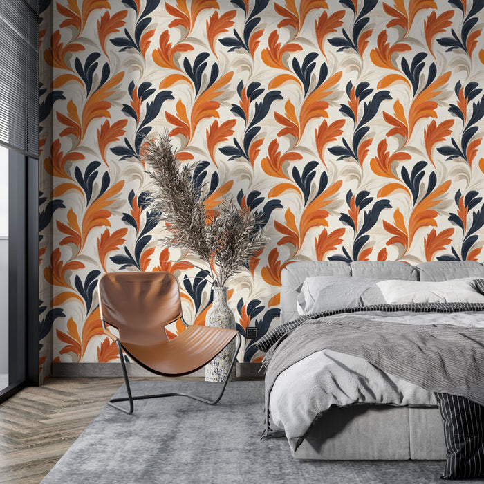 Une chambre moderne avec un papier peint floral aux motifs vibrants orange, bleu marine et crème, créant une atmosphère chaleureuse et dynamique.