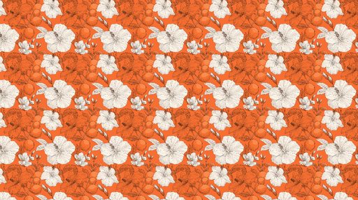 Papier peint floral orange Fleurs blanches et éléments botaniques sur fond vibrant