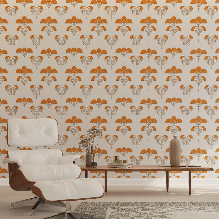 Une pièce moderne avec un papier peint à motifs floraux orange et beige, créant une atmosphère chaleureuse et accueillante.
