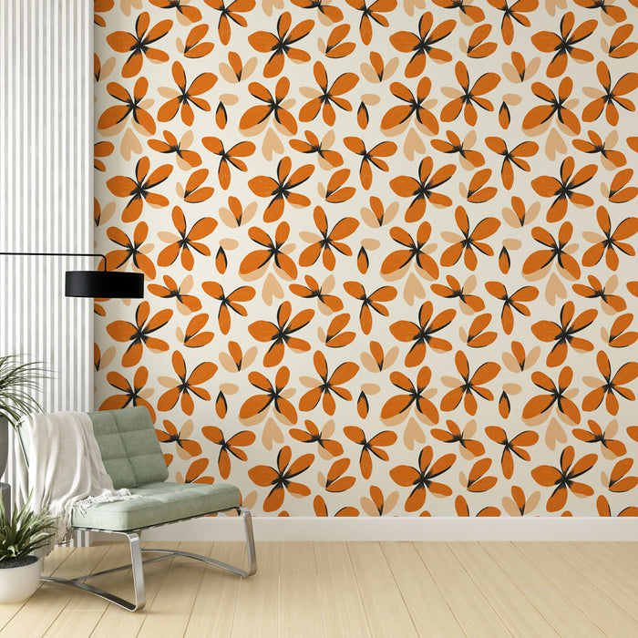Une pièce moderne avec un papier peint floral aux motifs orange et beige, créant une ambiance chaleureuse et accueillante.