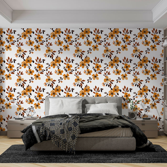 Une chambre moderne avec un papier peint floral aux motifs jaunes et bruns sur fond blanc, créant une ambiance chaleureuse et accueillante.