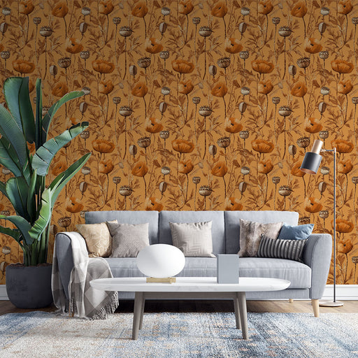 Un salon moderne avec un papier peint floral aux teintes chaudes d'orange et de brun, créant une atmosphère accueillante et naturelle.