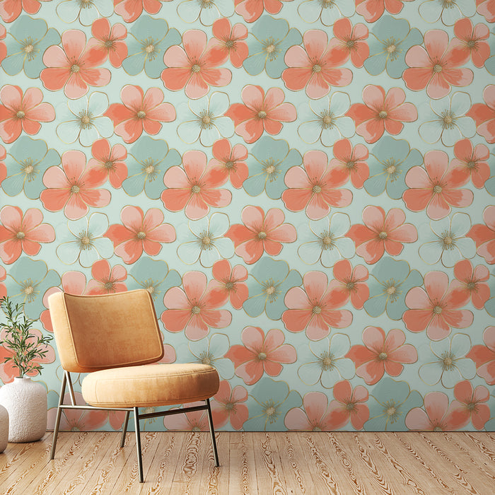 Une chambre lumineuse avec un papier peint floral aux grandes fleurs corail et bleu clair sur fond pastel, créant une ambiance fraîche et joyeuse.