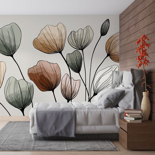 Une chambre moderne avec un papier peint floral aux grandes fleurs délicates dans des teintes pastel, créant une atmosphère douce et apaisante.