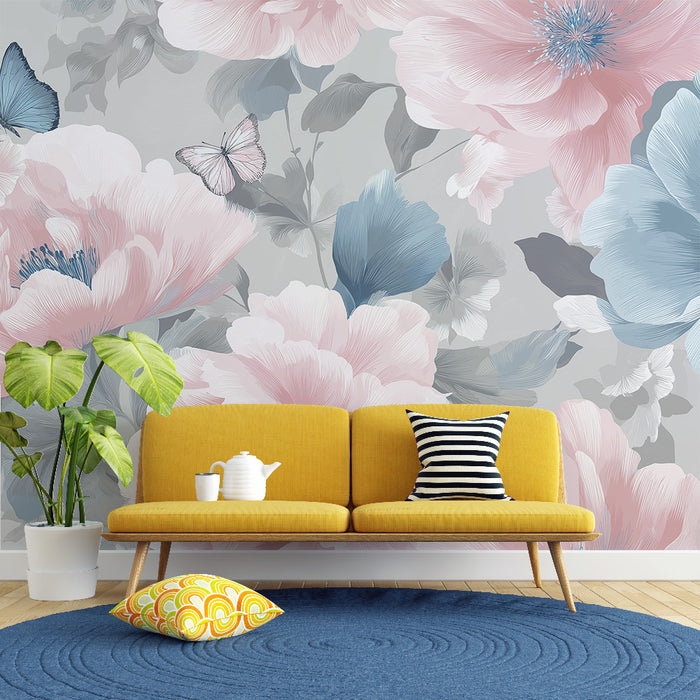 Un salon lumineux avec un papier peint floral aux grandes fleurs roses et bleues sur fond gris, créant une atmosphère douce et apaisante.