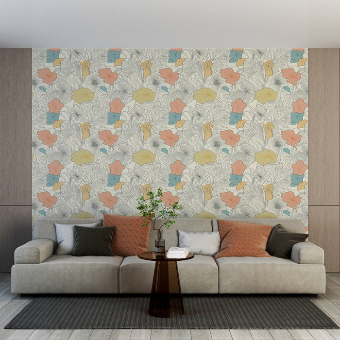 Un salon moderne avec un papier peint floral aux motifs colorés de fleurs stylisées dans des teintes pastel sur fond clair, créant une ambiance douce et accueillante.