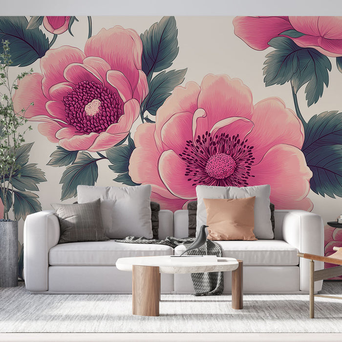 Papier peint floral | Pivoines roses sur fond clair